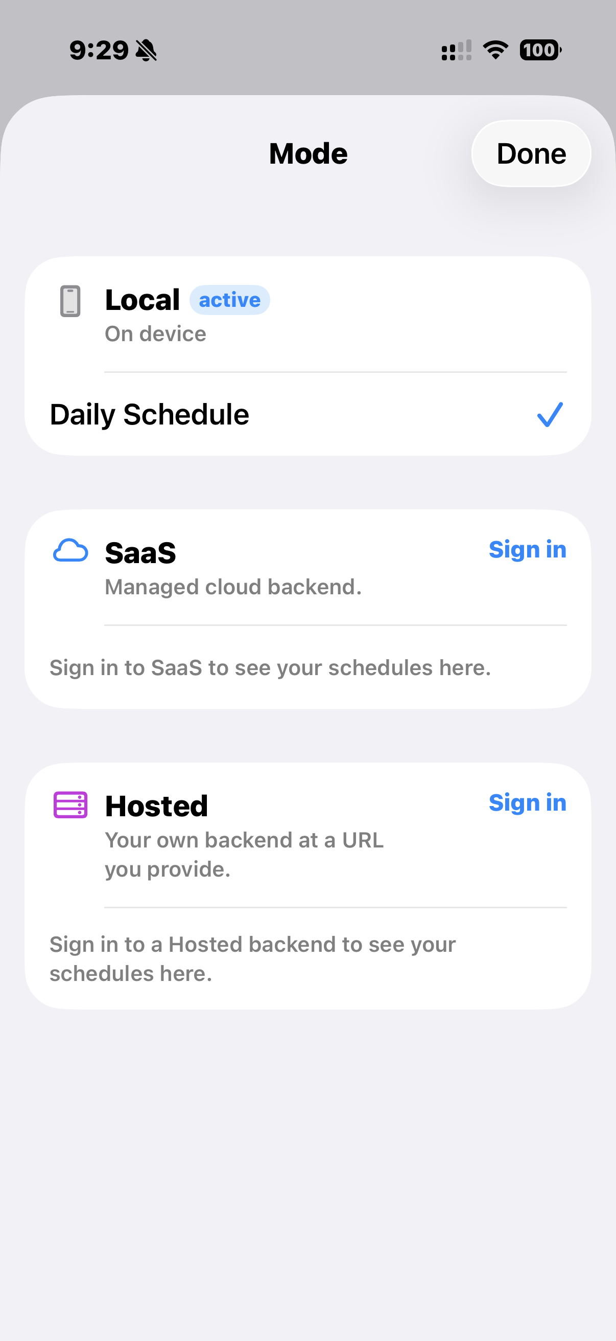 EazySked mode picker — Local, SaaS, or Hosted